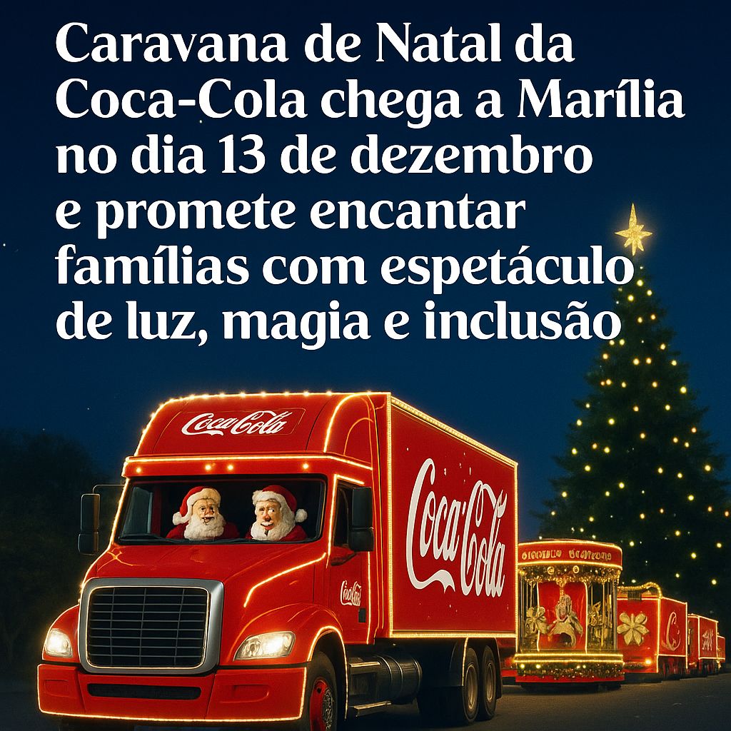 Caravana de Natal da Coca-Cola chega a Marília no dia 13 de dezembro e promete encantar famílias com espetáculo de luz, magia e inclusão